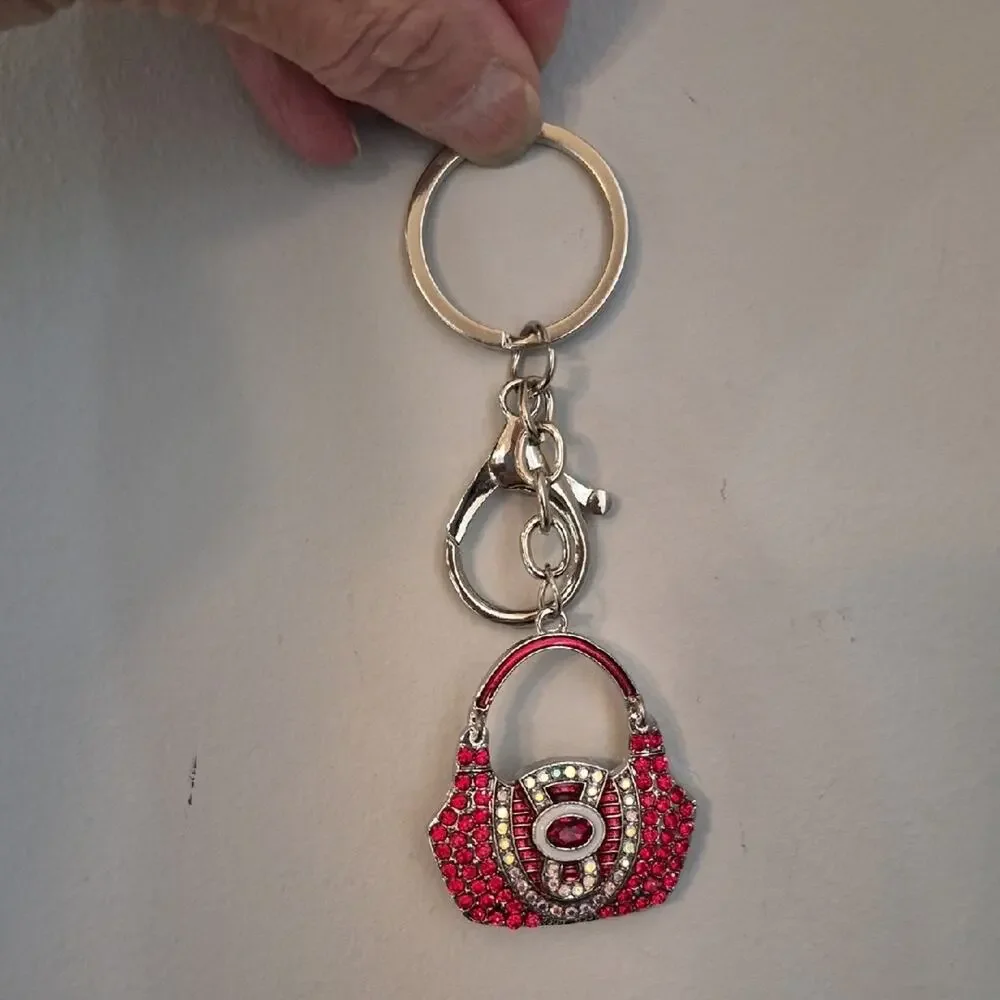Purse Shaped Bag Charm Key Charm Red and Silver Handbag Keychain
